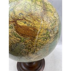 Phillips 14 Inch Terrestrial Globe by George Philip & Son Ltd for the London Geographical Institute, set to a brass mounted turned oak stand (a/f), H55cm