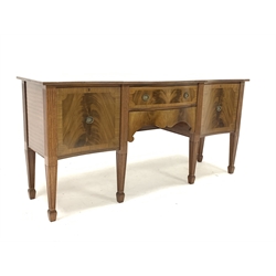  Georgian design mahogany serpentine sideboard, with cross banded top over two drawers and two cupboards, raised on square tapered supports, W194cm, H92cm, D53cm  