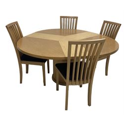 Skovby - Contemporary Danish light oak circular extending dining table (D119cm, H72cm) together with a set of four Skovby light oak dining chairs with rail backs and upholstered seats (W45cm)