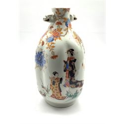 19th Century Japanese vase of lobed baluster design decorated  with figures and flowers with animal head handles and six character mark to base H28cm