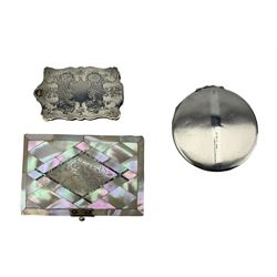 Victorian mother of pearl visiting card case engraved with flowers and with divided interior 10cm x 7cm, engine turned silver powder compact Birmingham 1946 Maker Broadway & Co and a continental aide memoir