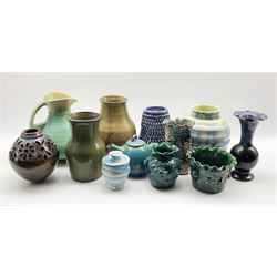 Assortment of Studio pottery to include a Trembath green-glaze vase, turquoise glazed teapot with loop shaped lift, other Studio pottery, a Sylvac ribbed vase etc 