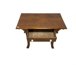 Early to mid-20th century pine console or side table, rectangular top with moulded edge, fitted with single drawer, raised on square splayed supports with C-scroll spandrels