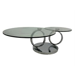 Contemporary Italian glass and polished metal coffee table, circular glass tops on swivel actions