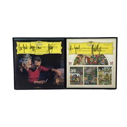 Two Classical LP records each signed in pen by the Austrian conductor Herbert von Karajan, framed 31cm x 31cm 