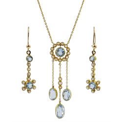 Early 20th century gold milgrain set aquamarine and pearl pendant necklace, round aquamarine in a circular setting, with three oval aquamarine drops, stamped 15, with similar pair of aquamarine and pearl pendant earrings