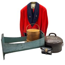 Early 20th century Military tin hat box, Royal Engineers leather case, Royal Engineers dress tunic with waistcoat and trousers, vintage bentwood barrel and cover together with a 20th century painted dolls crib (5)