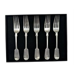 Five Victorian silver fiddle pattern table forks with engraved initials Exeter 1858 Maker Josiah Williams & Co 12.6oz