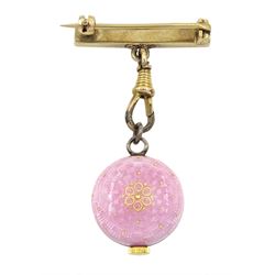 Garrard silver-gilt and pink guilloche enamel ladies fob watch, on matching brooch, London import mark 1956, with Swiss duck hallmark
