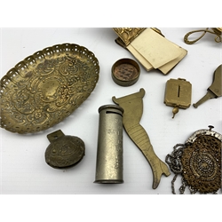 Small collectible items including brass note case, pocket watch stand, miniature bead work purse and postal scale etc 
