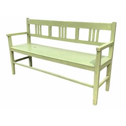 Painted pine garden bench, the slatted back and panelled seat raised on square tapered supports W161
