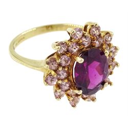 9ct gold rubellite and pink stone set cluster ring, hallmarked