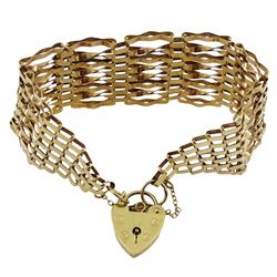 9ct gold eight bar gate bracelet, with heart locket clasp, hallmarked, approx 18.34gm