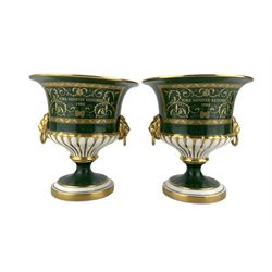 Pair of Royal Worcester limited edition campana shaped urns in commemoration of the 1988 restoration of York Minster, numbered 133 & 134/ 600, H15.5cm