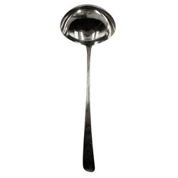 George III Irish silver soup ladle with bright cut stem and engraved with initials L33cm Dublin 1804 Maker John Power 
