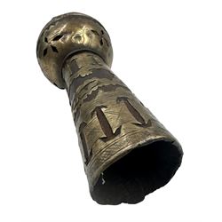Part of a North African ceremonial staff with applied cut brass decoration L28cm, small bronze mortar H8cm, small bronze bell and an overlaid vase (4)