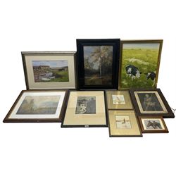 Selection of 20th century landscape and maritime watercolours; two original still life oils; St Ives etching and two photographs, max 32cm x 50cm (11)