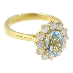 18ct gold oval aquamarine and round brilliant cut diamond cluster ring, hallmarked, aquamarine approx 0.90 carat, total diamond weight approx 0.60 carat