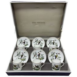 Royal Worcester set of six coffee cans and saucers decorated in the Fabulous Birds pattern, Z2622, in original fitted case