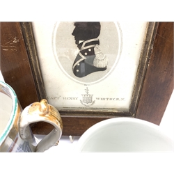19th century Silhouette of Captain Henry Whitby in period frame, 19th century transfer ware cup decorated with the Battle of Montebello, cast iron plaque relief decorated with the bust of a Gentleman, 19th century loving cup and other items  