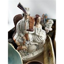 Bronzed model of a Pug, Staffordshire flatback, porcelain candelabra, French bisque porcelain group etc in one box