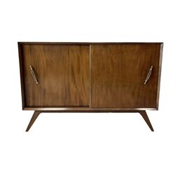 Mahogany sideboard, the sliding doors opening to reveal one shelf, raised on square tapering supports 