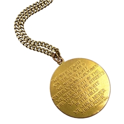 9ct gold 'Sir Winston Churchill 1874-1965' medallion, with speech 'We Shall Fight on the Beaches' speech verso, hallmarked London 1965, on gold flattened link necklace, stamped 10K 