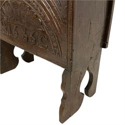 Charles II small carved oak box, rectangular hinged top with moulded edge, front carved with central lunette motif with concentric rings with central acanthus detail, 1686 moulded below, on shaped end supports