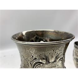 Victorian silver challenge cup presented by The West Yorkshire Rifle Volunteers with inscription and embossed decoration on pedestal foot H18cm London 1870 Maker Robert Harper and a smaller challenge cup without inscription H14cm 1871 11.7oz 