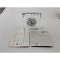 Four The Royal Mint United Kingdom 2018 'Beatrix Potter' silver proof fifty pence coins, comprising 'Peter Rabbit', 'Flopsy Bunny', 'Mrs Tittlemouse' and 'The Tailor of Gloucester', all cased with certificates (4)
