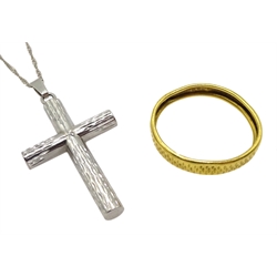 Platinum cross on 18ct white gold chain and a 22ct gold ring, all hallmarked