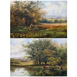 J B Gummery (British 19th century): Angler and Cows by Rural Pond, pair oils on canvas signed one dated 1895, 24cm x 34cm (2)