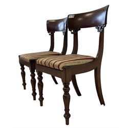 Set of five Victorian mahogany dining chairs, shaped cresting rail with C-scroll brackets, upholstered drop-in seat, on turned lappet carved supports