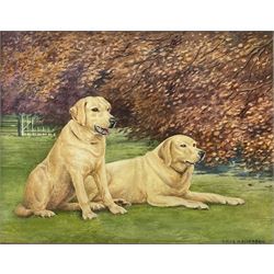 Dorothy Margaret Alderson (British 1900-1992) and Elizabeth Mary Alderson (British 1900-1988): Two Golden Labradors in an Autumn Garden, watercolour signed 22cm x 29cm