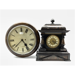 Late 19th century American mantel clock, simulated marble sarcophagus top, pilasters and base, eight day striking movement, (W35cm) together with Circular oak cased wall clock, with white enamel dial and 30 hour movement, (W39cm)