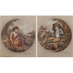After Richard Westall RA (British 1765-1836): 'A Boy' and 'A Girl of Canarvon', pair mezzotints by George P James signed and titled in pencil with Fine Art Trade Guild blindstamp pub. 1919, 35cm x 27cm; After George Morland (British 1763-1804): 'Blind Man's Buff', colour mezzotint by Clifford R James signed in pencil with Print Sellers Association blindstamp 42cm x 53cm; 'Canterbury Cathedral', 19th century hand-coloured engraving 35cm x 52cm (4)