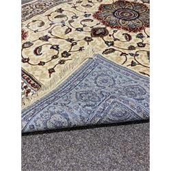 Persian design silk pile ground rug, the ivory field with medallion and interlaced trailing foliate 117cm x 180cm
