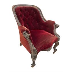 Victorian armchair, carved and moulded frame, upholstered in buttoned red fabric