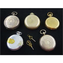 Two silver open face pocket watches, one by H. Stone Leeds, case by Errington Watch Company, Birmingham 1903, the other by Waltham, No. 6867297, Birmingham 1881, Thomas Russell gold-plated pocket watch and two others (5)