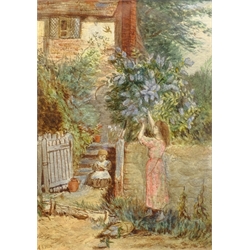 Alfred E. Wragge (British c.1856-1937): Tending to the Garden, watercolour signed with initials 18cm x 13cm