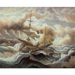 T Slowsky (Continental 20th century): French Ship Caught in Storm with Lifeboat Rescue, oil on canvas signed 50cm x 60cm