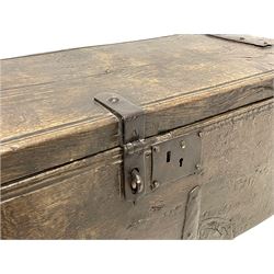 17th century and later plank oak chest, iron strapped, boarded lid with iron strap hinges, stile supports with moulded decoration 