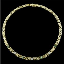 9ct gold fancy link necklace, seven central flower deign links set with round emeralds and diamonds, stamped 375 with London import marks
