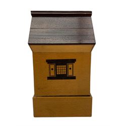 Early 20th century marquetry puzzle money box in the form of a house, possibly Japanese, H17.5cm 