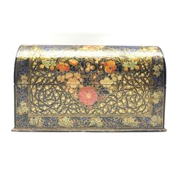 Kashmiri lacquered stationery casket with domed cover and divided interior painted with flower heads and scrolling leaves, the base inscribed 'Ganemede Kashmiri No.2457' 14cm x 25cm 