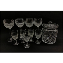 Four Waterford crystal Colleen pattern wine glasses, four matching liqueur glasses and a cut glass biscuit barrel