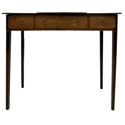 George III style mahogany and satinwood-banded dressing side table with three dummy drawers, hinged top, with mirror