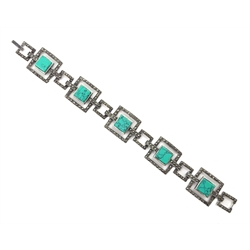 Silver marcasite and turquoise link bracelet, stamped 925