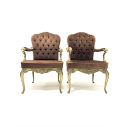 Pair of Italian 'Hollywood Regency' cast brass open armchairs, seat and back upholstered in buttoned brown velvet, the frame with scrolled floral decoration, raised on cabriole supports, W55cm