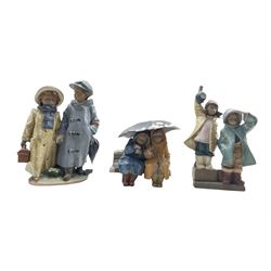 Lladro Gres figure 'Off to School' No2242 H28cm, another Gres figure group 'Ahoy There' No2173 and another 'Snowy Sunday' No2228 (3)